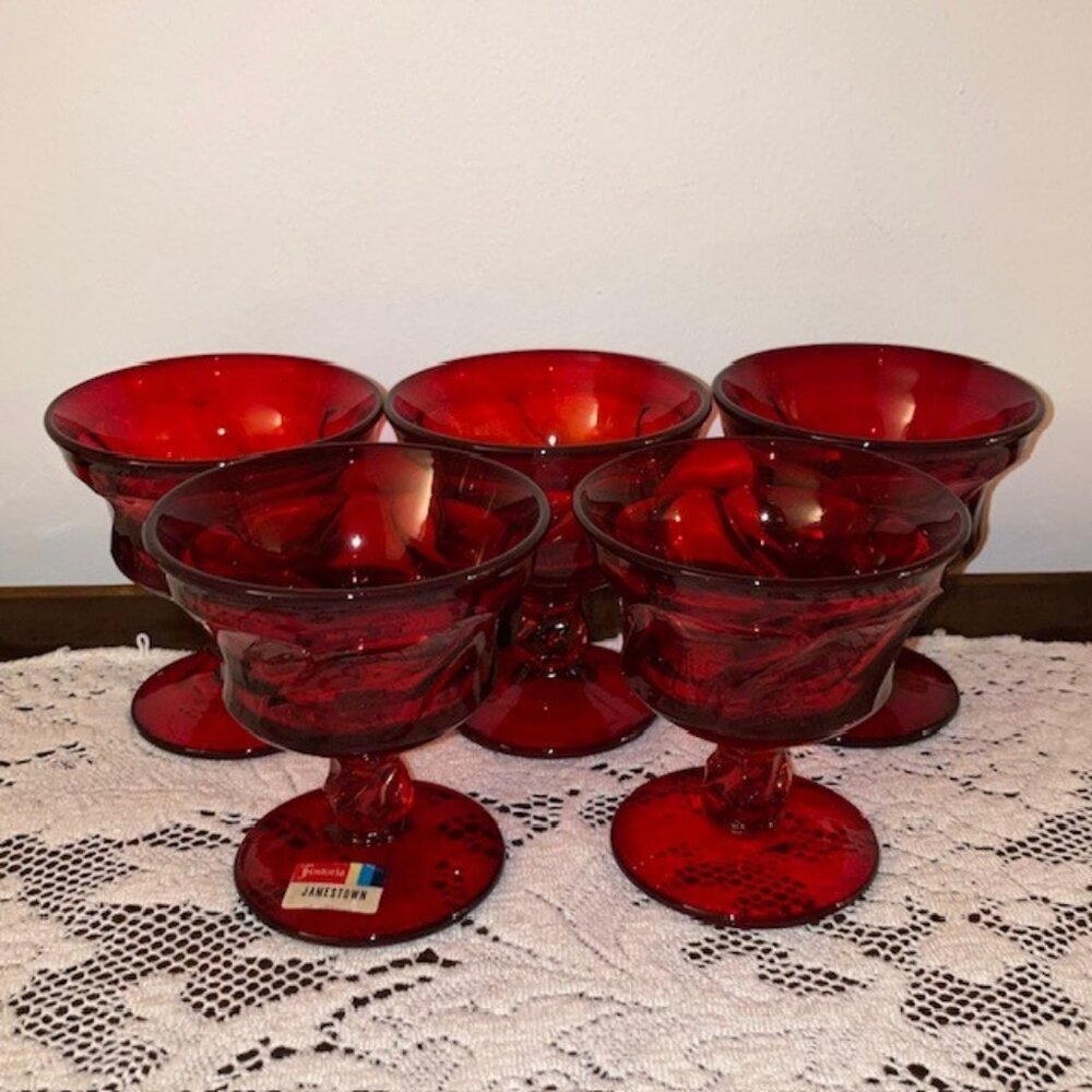 Set of 5 Fostoria Jamestown Ruby Red Champagne/Tall Sherbet Glasses 4-1/4"
